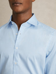 Slim Fit Cotton-Satin Cutaway-Collar Shirt Blue Stripe | Men