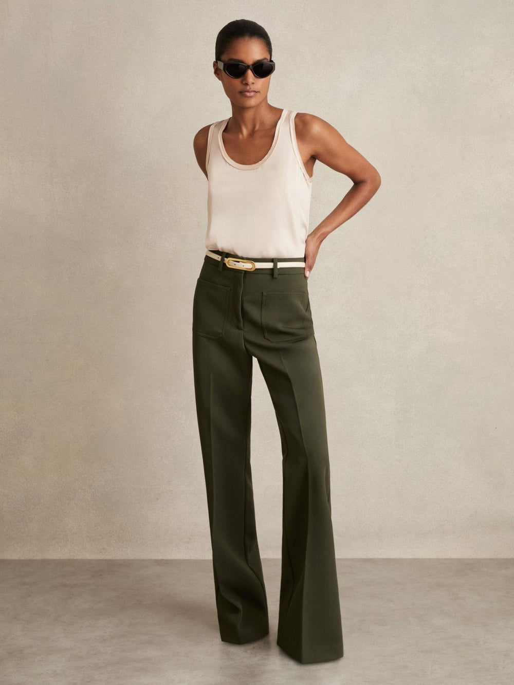 Twill Patch-Pocket Flared Trousers Green | Women