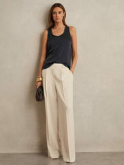 Elasticated-Waist Wide-Leg Twill Trousers Cream | Women