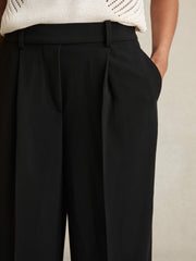 Elasticated-Waist Wide-Leg Twill Trousers Black | Women