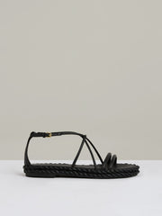 Leather Braided Flat Sandals Black | Women