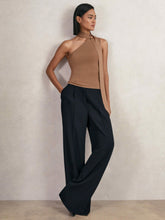 Petite Elasticated-Waist Wide-Leg Twill Trousers Navy | Women