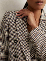 Cotton-Linen Double-Breasted Houndstooth-Check Blazer Navy Neutral Check | Women