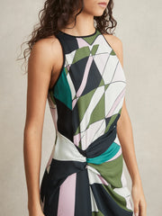 Geometric-Print Gathered Midi Dress Green | Women