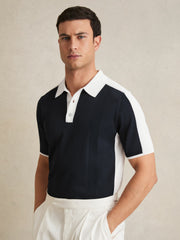 Colour-Block Knit Polo Shirt Navy/White | Men