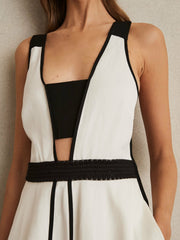 Contrast Trim Flared Midi Dress With Linen Ivory/Black | Women