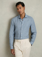 Linen Striped Long Sleeve Shirt Airforce Blue/White Bengal Stripe | Men