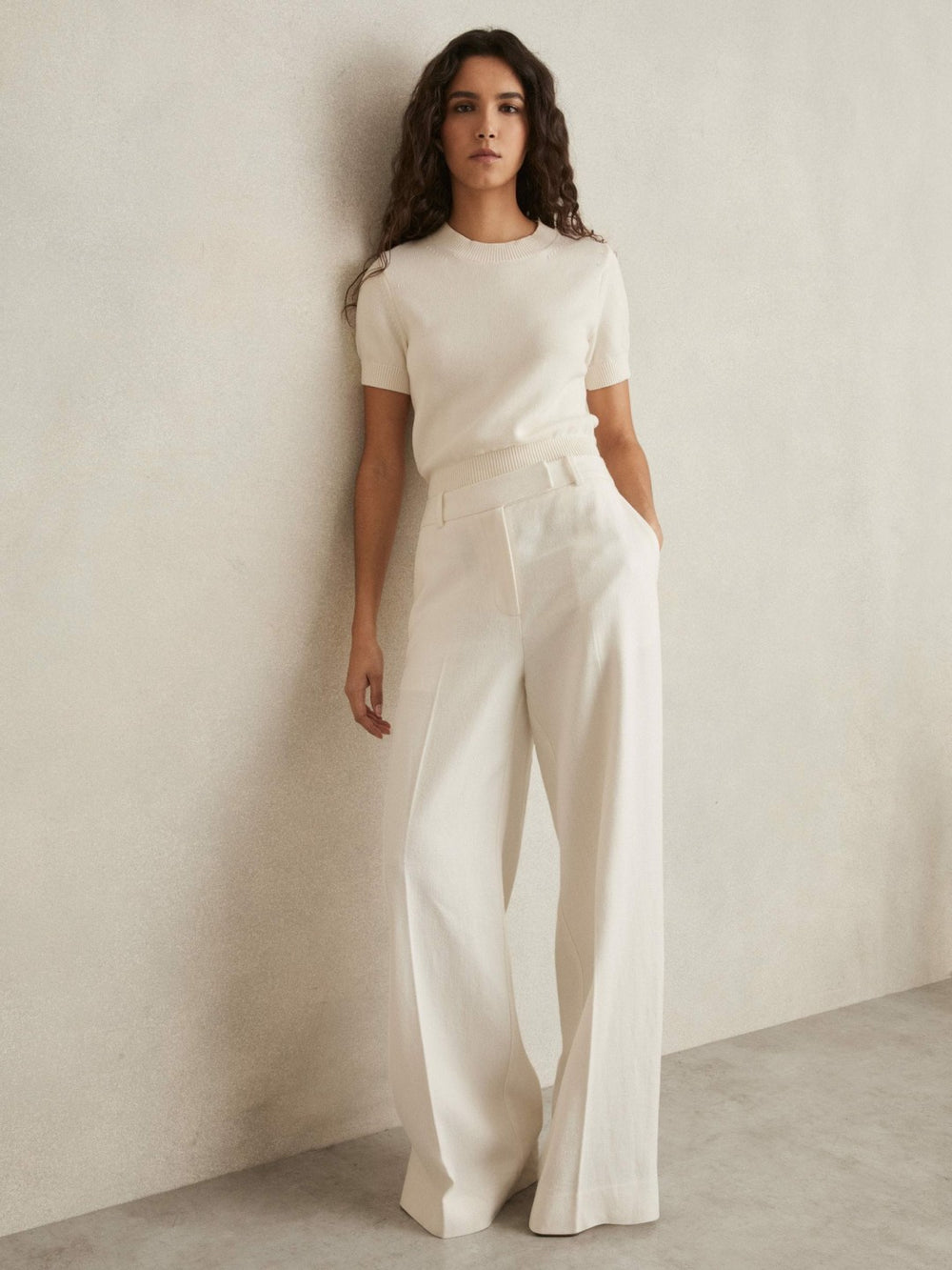 Petite Linen-Blend Wide-Leg Trousers White | Women