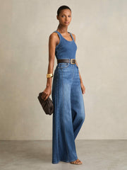 Wide-Leg Racer-Back Denim Jumpsuit Indigo | Women