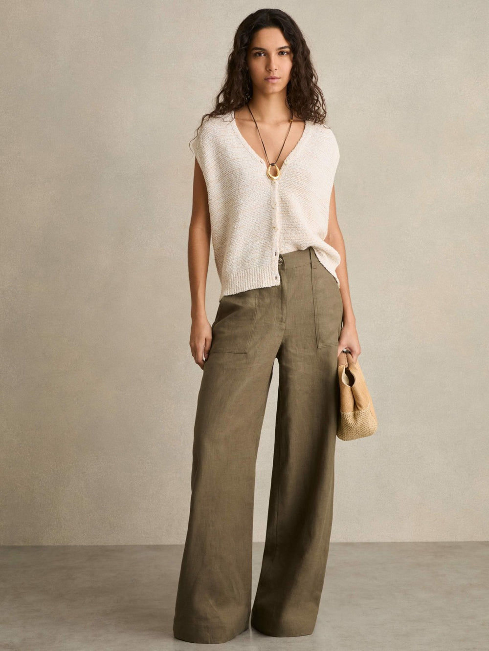 Linen Wide Leg Trousers Khaki | Women