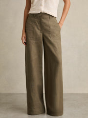 Petite Linen Wide Leg Trousers Khaki | Women