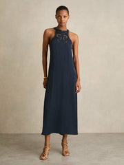 Satin Cut-Out Slip Dress Navy | Women