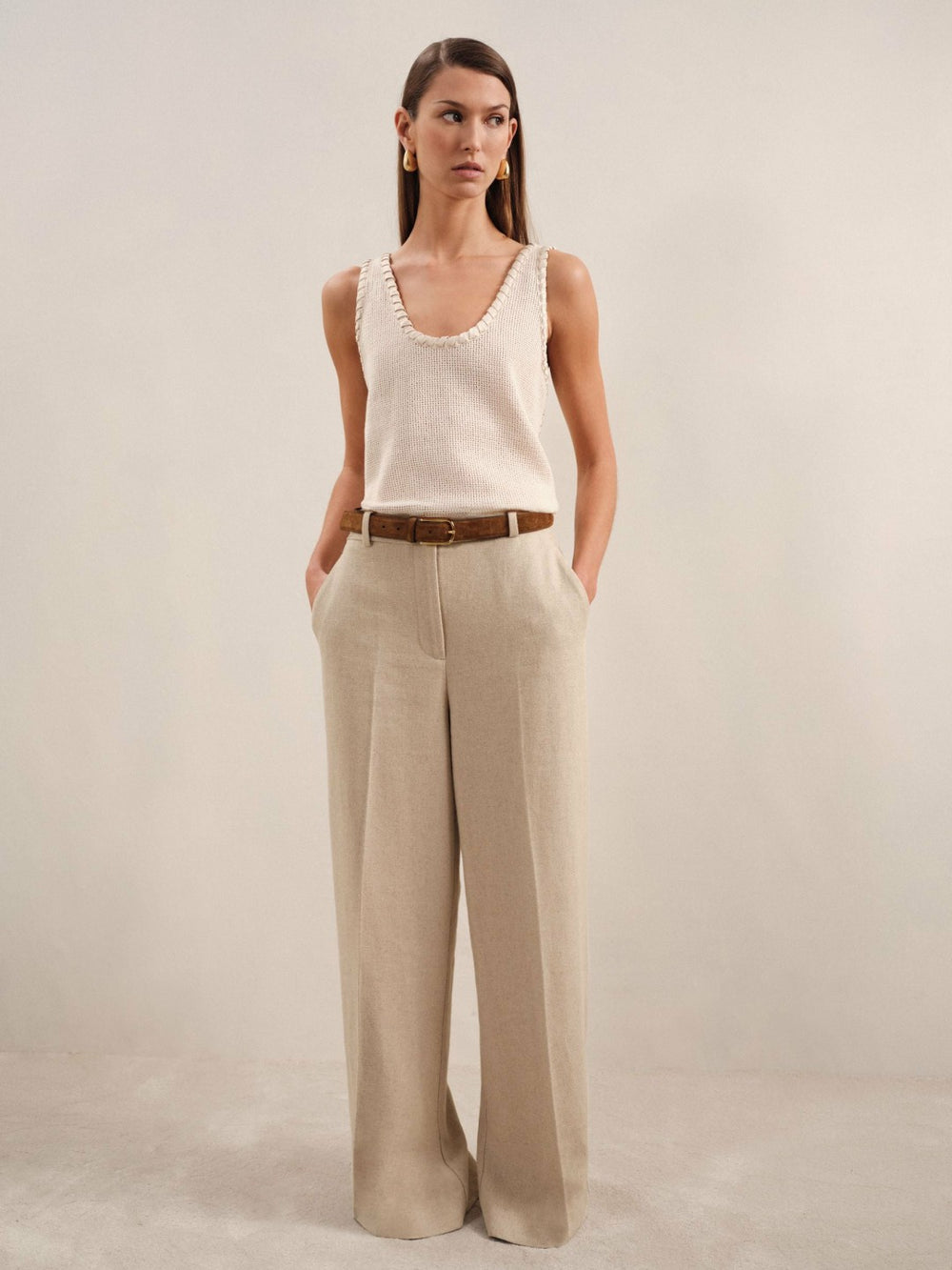 Petite Linen-Blend Wide-Leg Trousers Neutral | Women