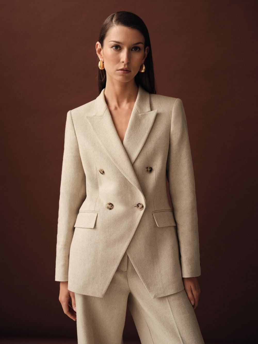 Linen-Blend Double-Breasted Suit Jacket Neutral | Women
