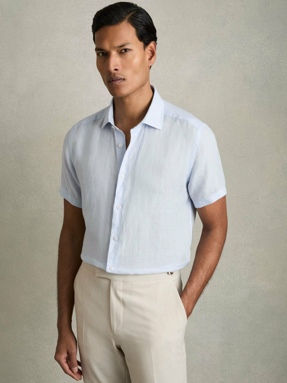 Slim Fit Linen Button-Through Shirt Pale Blue | Men