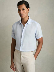 Slim Fit Linen Button-Through Shirt Pale Blue | Men