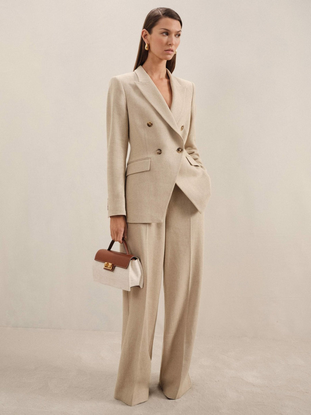 Petite Linen-Blend Double-Breasted Suit Jacket Neutral | Women