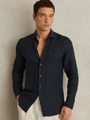 Linen Button-Through Shirt Navy | Men