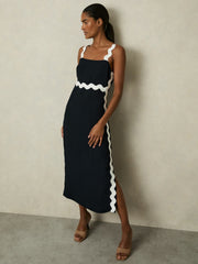 Wave-Trim Crepe Midi Dress Navy | Women