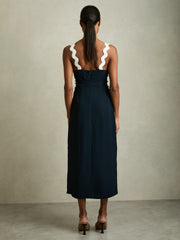 Wave-Trim Crepe Midi Dress Navy | Women