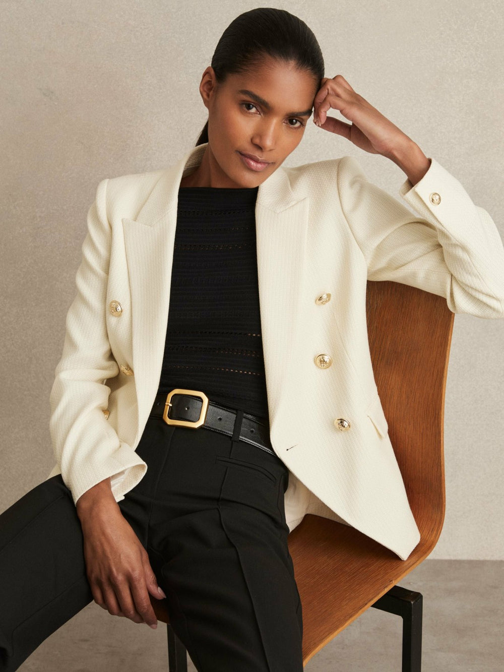 Petite Tailored Fit Textured Double Breasted Blazer White | Women