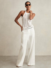 Petite Linen Wide-Leg Whipstitch Trousers White | Women