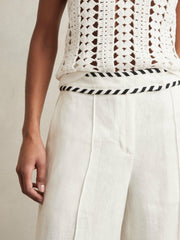 Petite Linen Wide-Leg Whipstitch Trousers White | Women