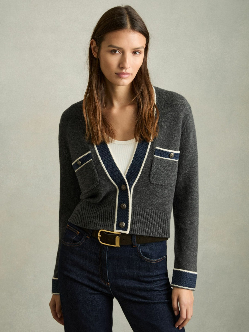 Wool-Cashmere Tipped V-Neck Cardigan Charcoal | Women