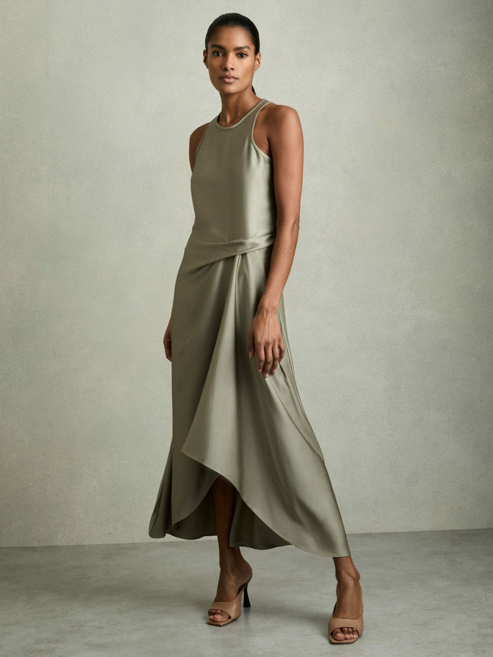Satin Drape Tuck Midi Dress Khaki | Women