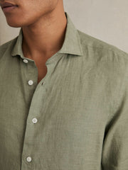 Linen Button-Through Shirt Thyme Green | Men