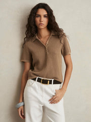 Cotton-Blend Open-Knit Polo Shirt Tan | Women