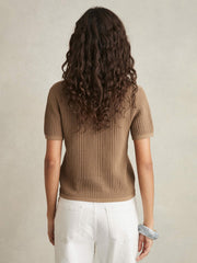 Cotton-Blend Open-Knit Polo Shirt Tan | Women