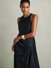 Satin Shirred Midi Dress Navy | Women