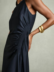 Satin Shirred Midi Dress Navy | Women