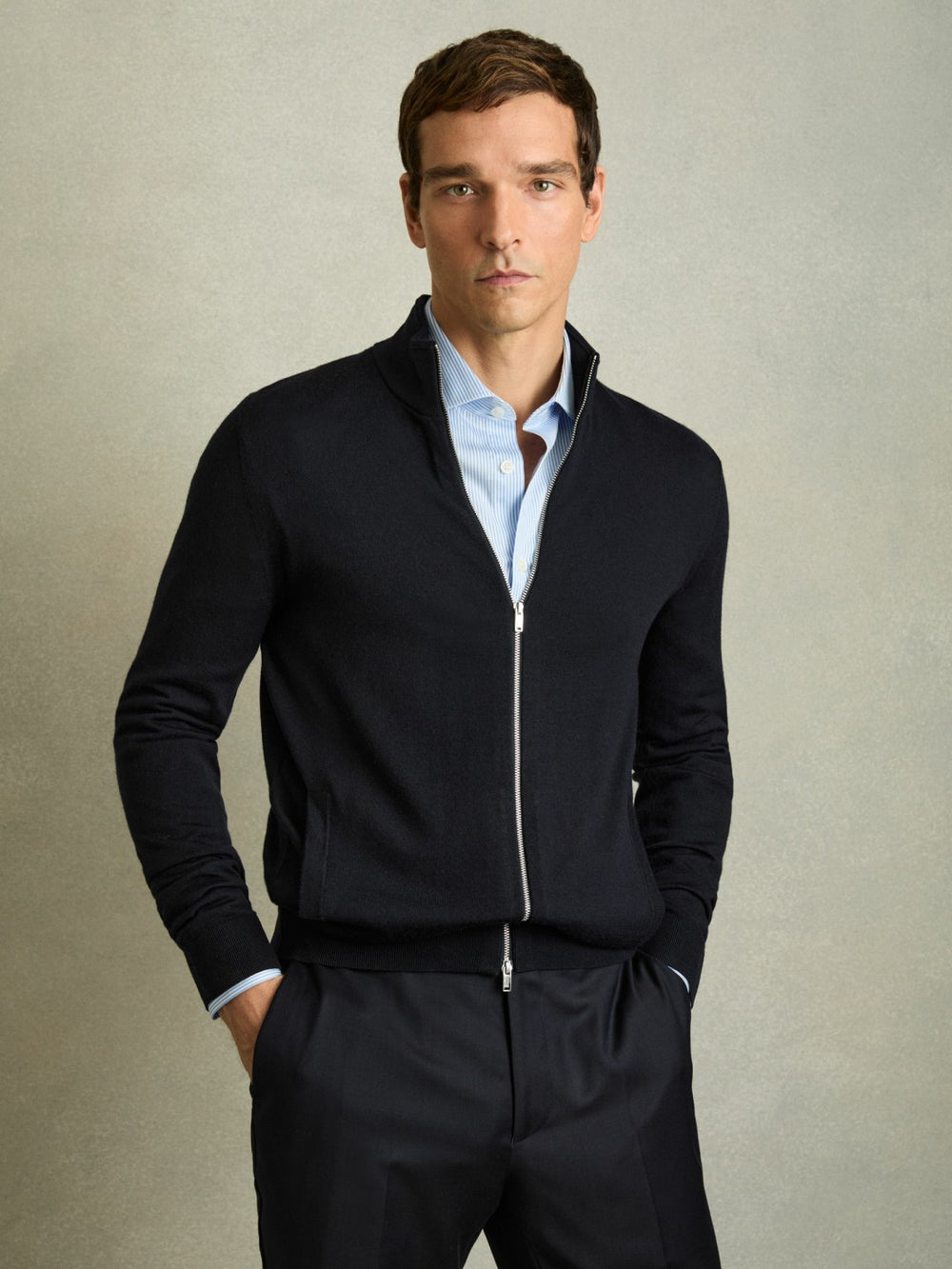 Merino Wool Zip-Through Cardigan Navy | Men
