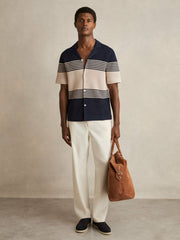 Stripe Textured-Knit Cuban-Collar Shirt Navy/Stone | Men