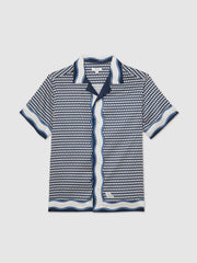 Geometric-Print Cuban-Collar Shirt White/Navy | Men