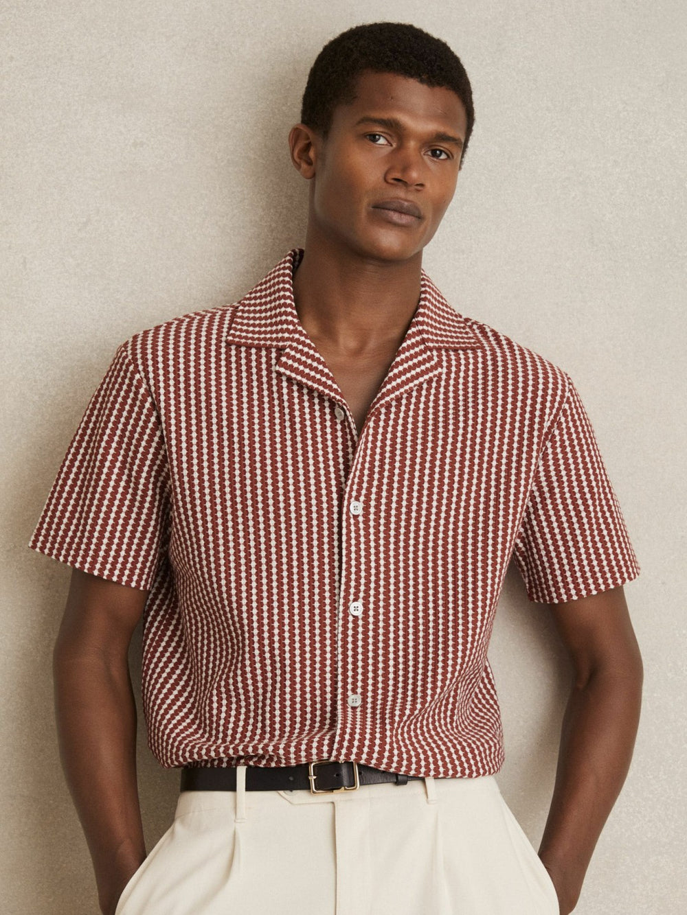 Textured-Stripe Cuban-Collar Shirt Rust Red/White | Men
