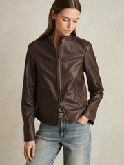 Leather Collarless Biker Jacket Chocolate Brown | Women
