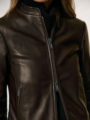 Leather Collarless Biker Jacket Chocolate Brown | Women