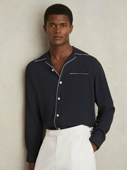 Cuban Collar Shirt with Piping Detail Shirt Navy | Men