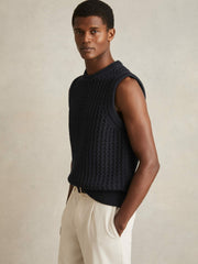 Cotton-Blend Crochet Vest Navy | Men