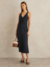 Ruched Sleeveless Midi Dress With Linen Navy | Women