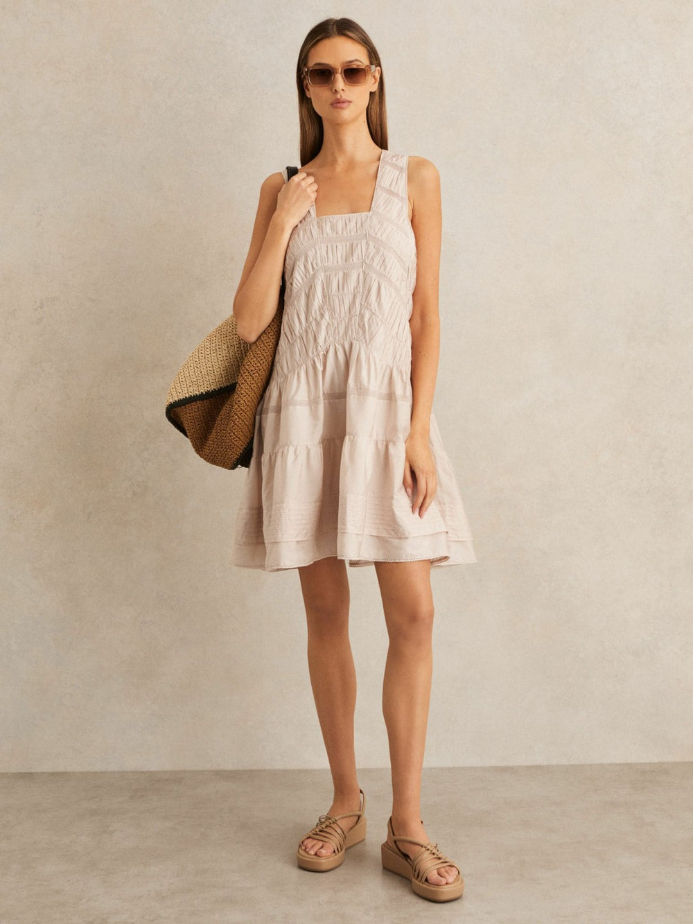 Shirred Ruffle Hem Mini Dress Neutral | Women