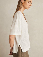 Linen V-Neck T-Shirt White | Women