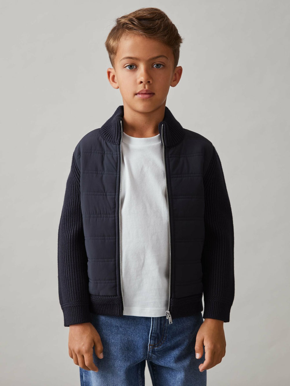 9-13 yrs Hybrid Quilt and Knit Zip Through Jacket Navy | Children & Baby