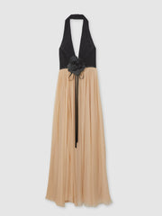 Halston Crepe and Chiffon Maxi Dress Black/Ivory | Women