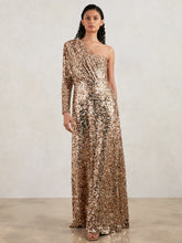 Halston Sequin One Shoulder Maxi Dress Gold | Women