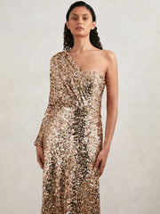 Halston Sequin One Shoulder Maxi Dress Gold | Women