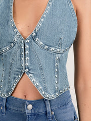 Studded Denim Vest Indigo Blue | Women